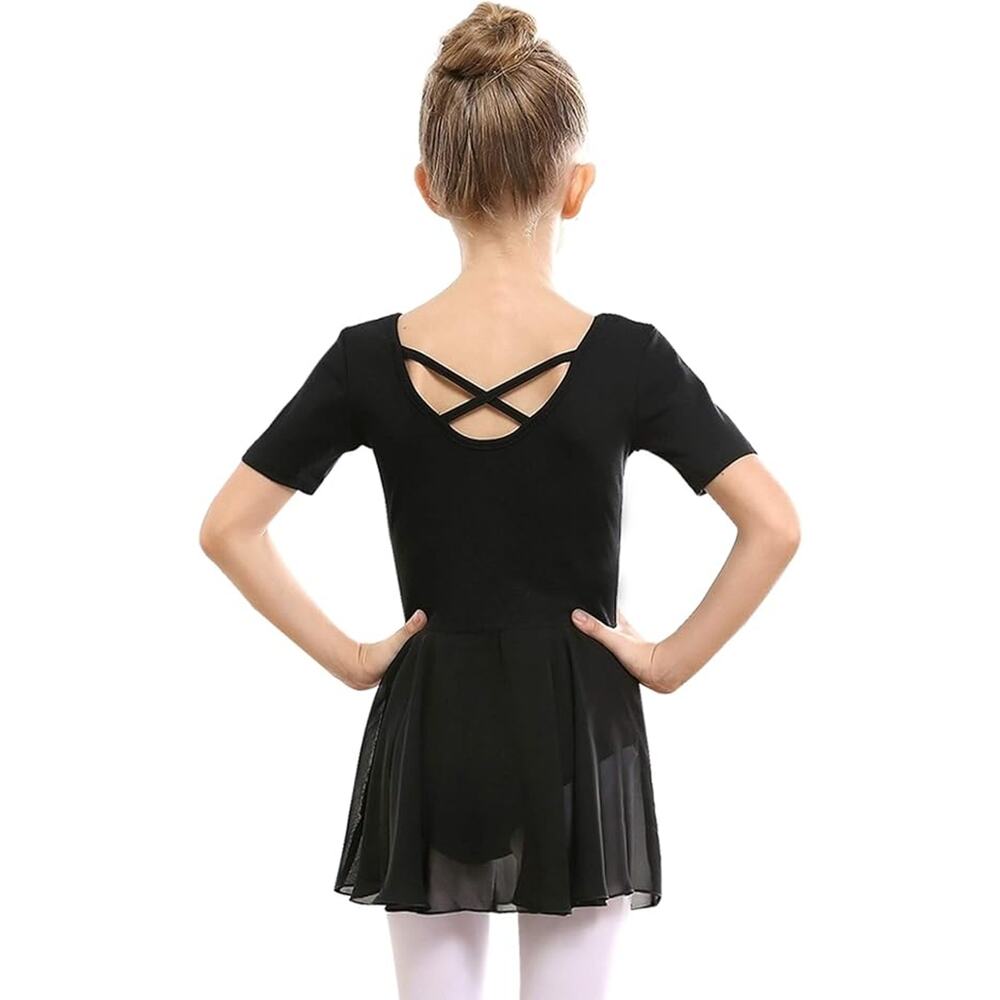 Dance Leotard Dress Medium Child Black Short Sleeve Cross Back Ballet